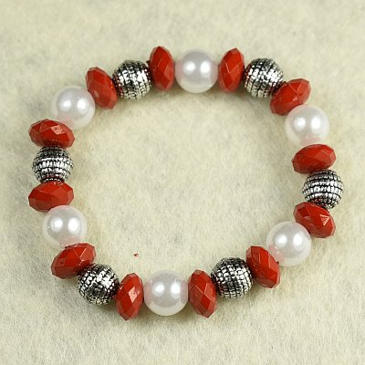 Гривна на ластик с бели перли и червени дискове PICTURE OF ITEM 1384