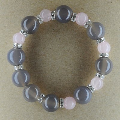 Гривна - халцедон 12мм, розов кварц 8мм и метал с кристали PICTURE OF ITEM 956
